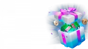 Изображение светящейся подарочной коробки, из которой вылетают деньги и монеты, рекламирующее бонус на день рождения от Lootrun в ярких цветах и праздничной атмосфере.