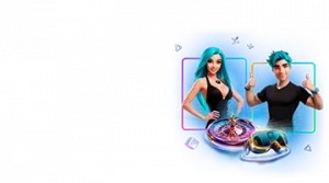 Изображение двух анимационных персонажей, мужчины и женщины, рекламирующих кэшбэк-бонус Лутран с элементами казино и яркими неоновыми цветами.